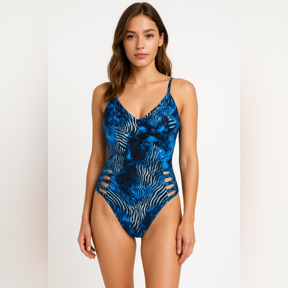 Emme Jordan One Piece Swimsuit Cutout Zebra Print‎ Blue Size S